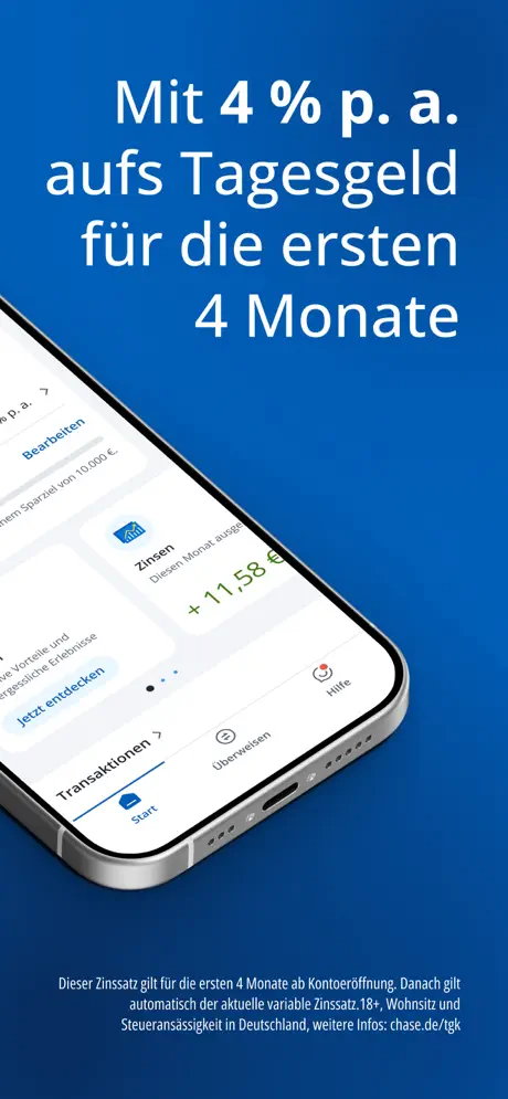 CHASE App: Mit 4 Prozent p. a. aufs Tagesgeld für die ersten 4 Monate, danach variabler Zinssatz