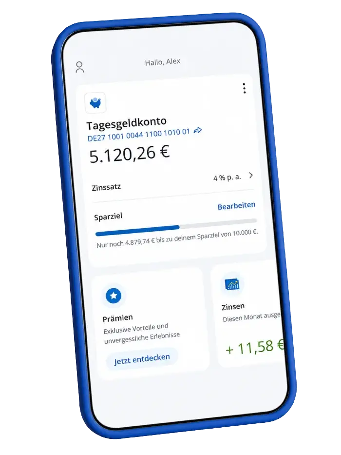 CHASE Tagesgeld App: Kontoansicht mit 4 % Zinssatz p. a., Sparziel-Funktion und monatlicher Zinsgutschrift