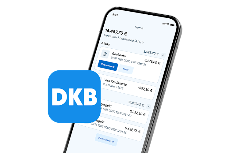 DKB App mit Girokonto, Visa Kreditkarte, Tagesgeld und Festgeld in der Kontoübersicht