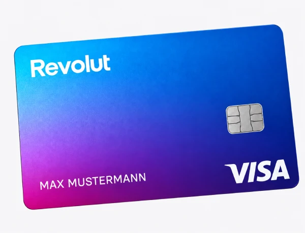 Revolut Visa Karte im Farbverlauf von Blau zu Pink