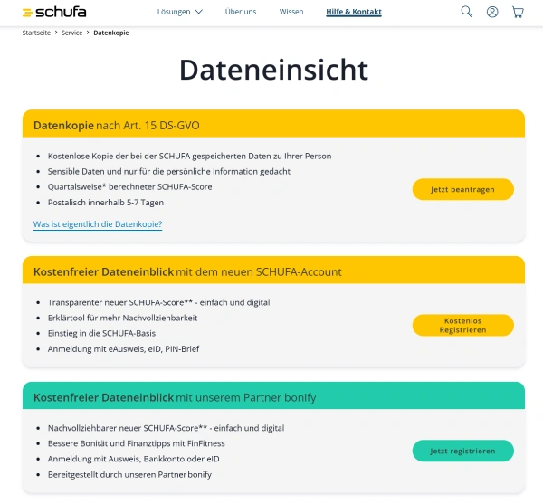 Screenshot of meineschufa.de showing the free Datenkopie option under Art. 15 GDPR